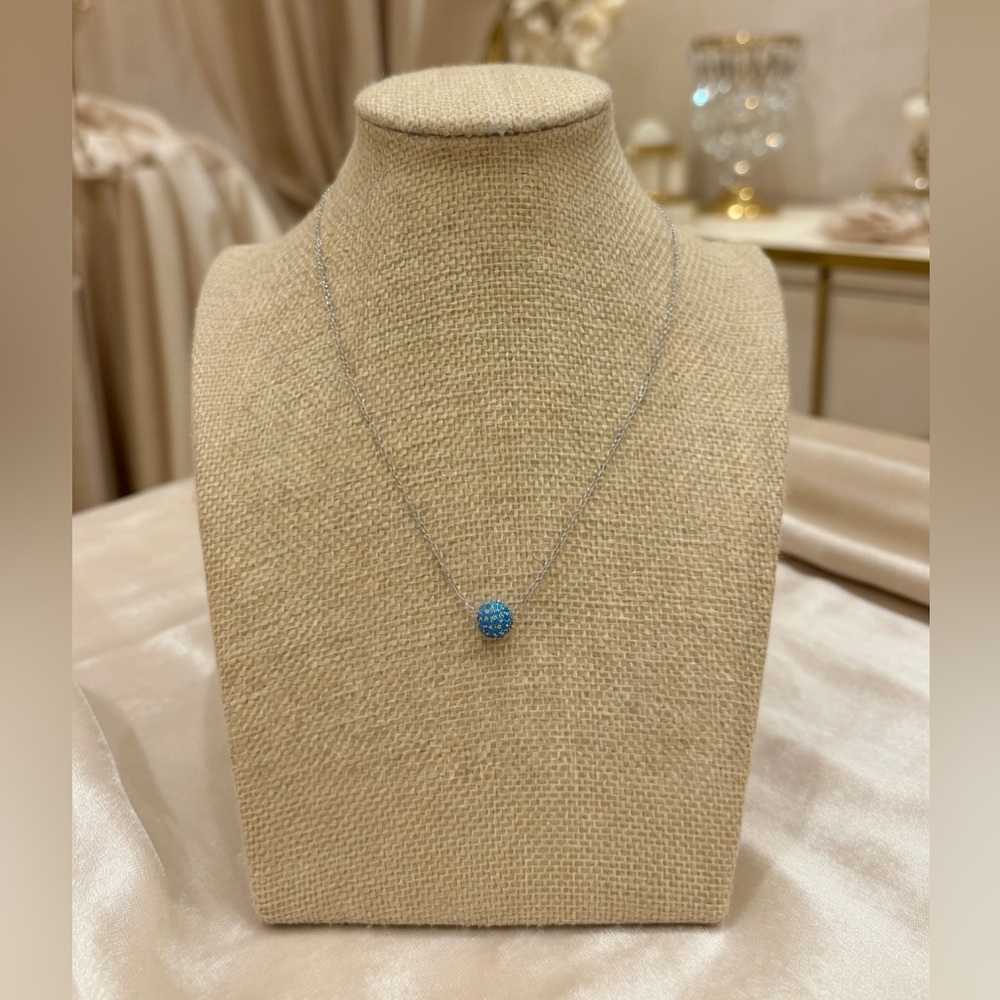LIA SOPHIA Silver Tone Pave Crystal Ball Pendant Necklace Blue Rhinestone